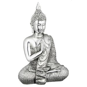Cepewa Boeddha beeldje - poyresin - glimmend zilver - 17 cm - voor binnen/buiten -