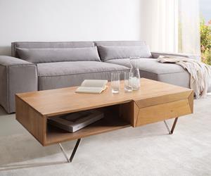 DELIFE Couchtisch Kayu 115x60 cm Akazie Natur 2 Schübe V-Fuß Edelstahl