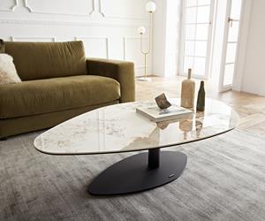 DELIFE Couchtisch Vibana 140x80 cm Keramik Minas Melange Weiß-Beige Gestell Metall Schwarz