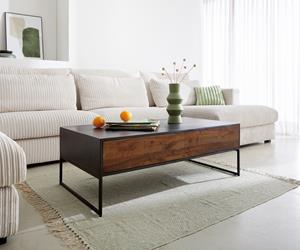 DELIFE Couchtisch Vaag 120 cm Sheesham Natur Mango Schwarz 4 Schubladen