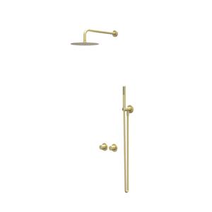 IVY Bond Regendoucheset 3 inbouw symmetry met 2-weg stop-omstel, 40cm wandarm, 25cm slim hoofddouche, houder met uitlaat, doucheslang 150cm, satin spray handdouche Geborsteld mat goud PVD