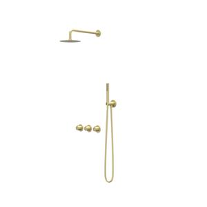 IVY Pact Regendoucheset 4 inbouw symmetry met 2 stopkranen, 40cm wandarm, 25cm medium hoofddouche, houder met uitlaat, doucheslang 150cm, staafmodel handdouche Geborsteld mat goud PVD