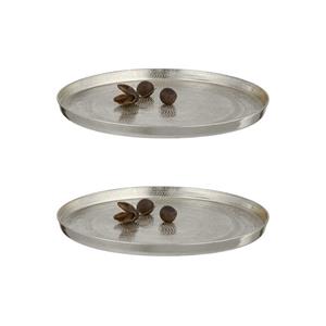 Cepewa Set van 2x stuks rond kaarsenbord/kaarsenplateau zilver gehamerd metaal 21 cm -