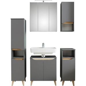 Saphir Badkamerserie Quickset 5-teilig, Waschbeckenunterschrank mit LED-Spiegelschrank Poten met houtlook (6-delig)