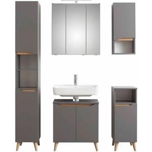 Saphir Badkamerserie Quickset 5-teilig, Waschbeckenunterschrank mit LED-Spiegelschrank Poten met houtlook (5-delig)