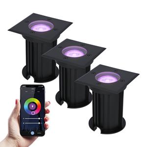 HOFTRONIC™ 3x Ramsay Smart LED grondspot - Vierkant - Zwart - RGBWW - 5.5 Watt - WiFi & Bluetooth - IP67 straal waterdicht - 3 jaar garantie