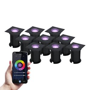 HOFTRONIC™ 9x Ramsay Smart LED grondspot - Vierkant - Zwart - RGBWW - 5.5 Watt - WiFi & Bluetooth - IP67 straal waterdicht - 3 jaar garantie