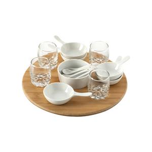 Secret de Gourmet Serveerplank/amuse/aperitief hapjes - bamboe/porselein - wit - voor 4x personen - 14-delig -
