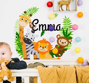 Tenstickers Muursticker kinderkamer jungle dieren met naam