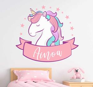 Tenstickers Roze eenhoorn met naam illustratie muursticker