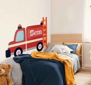 Tenstickers Muursticker kinderkamer brandweer auto met naam