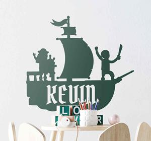 Tenstickers Muurstickers tekeningen Piratenschip met naam