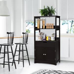 Costway Vrijstaande Badkamerkast Hoge Kast voor Badkamer met 2 Deuren en 3 Open Planken en Laden Moderne Multifunctionele Kast (Zwart)