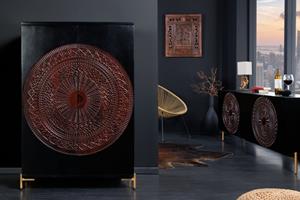 Invicta Interior Massieve XXL barkast MANDALA 95cm mangohout zwart goud metalen frame snijwerk - 41106
