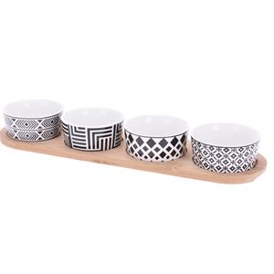 Excellent Houseware Serveerplank bamboe x 10 cm met 4x luxe hapjes/saus/tapas porselein schaaltjes -