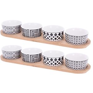 Excellent Houseware Set van 2x stuks serveerplanken bamboe x 10 cm met 8x luxe hapjes/saus/tapas porselein schaaltjes -