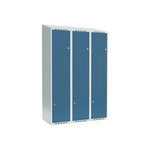 Garderobekast Fydor, Z-vormige vakken, lichtgrijs / briljantblauw, b = 1200 mm, 3 compartimenten, schuine bovenkant, hangslot