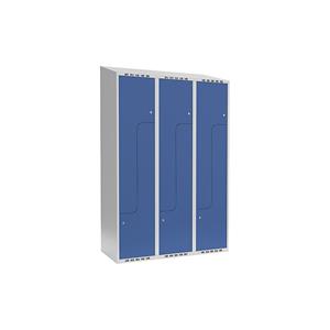 Garderobekast Fydor, Z-vormige vakken, lichtgrijs / briljantblauw, b = 1200 mm, 3 compartimenten, schuine bovenkant, cilinderslot