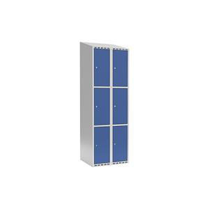 Lockerkast Fydor, 3 vakken, lichtgrijs / briljantblauw, b = 600 mm, 2 compartimenten, schuine bovenkant, cilinderslot