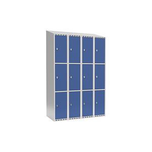 Lockerkast Fydor, 3 vakken, lichtgrijs / briljantblauw, b = 1200 mm, 4 compartimenten, schuine bovenkant, hangslot