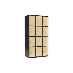 Lockerkast Fydor, 4 vakken, grijs / berkenhout, b = 900 mm, 3 compartimenten, platte bovenkant, hangslot