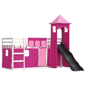 vidaXL Stapelbed met glijbaan en gordijnen roze 90x200 cm