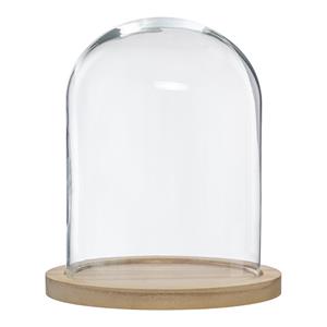 Atmosphera Home decoratie glazen stolp op houten plateau - glas/lichtbruin - D23 x H29.5 cm -