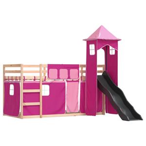 vidaXL Stapelbed met glijbaan en gordijnen roze 90x200 cm