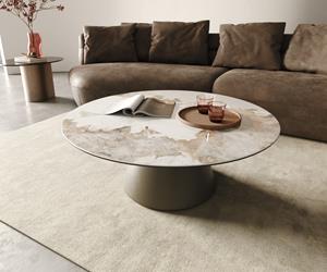 DELIFE Couchtisch Borna 100x100 cm Keramik Minas Melange Weiß-Beige Gestell Konisch Effektfinish Titan
