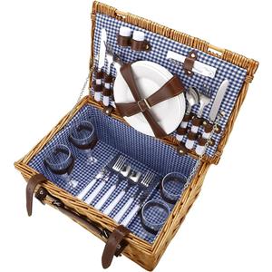 LuxeBass Rieten Picknickmand met Deksel Bestek Borden Glazen Kleed | 22L Picnic mand voor 4 personen | Picnic Hamper - LB618