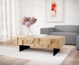 DELIFE Couchtisch Puzzle 120 cm 4 Schubfächer Eiche Natur Fuß schwebend Metall schwarz