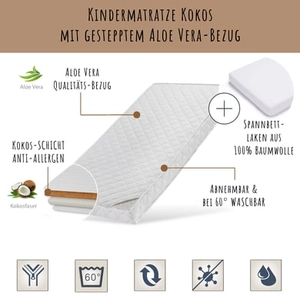 Kids Collective Babymatras 70x140 cm KOKOS met gewatteerde aloë vera hoes, 10 cm hoog wit met hoeslaken