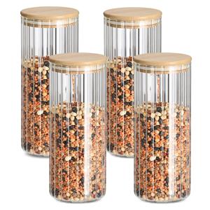 Zeller Voorraad/bewaar pot Grooves - 4x - hard glas - transparant - 1100 ml - bamboe deksel - luchtdicht -