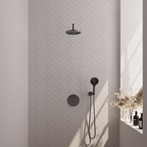 Brauer Gunmetal Carving thermostatische inbouw regendouche met 3 standen handdouche, gebogen muurarm en hoofddouche 20cm set 81 gunmetal gebosteld PVD