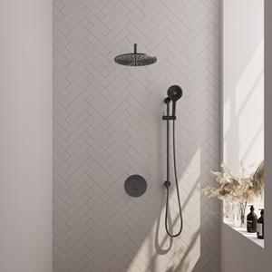 Brauer Gunmetal Carving thermostatische inbouw regendouche met 3 standen handdouche, gebogen muurarm, glijstang en hoofddouche 30cm set 94 gunmetal gebosteld PVD