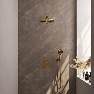 Brauer Gold Edition thermostatische inbouw regendouche met 3 standen handdouche, rechte muurarm en hoofddouche 30cm set 80 messing geborsteld PVD