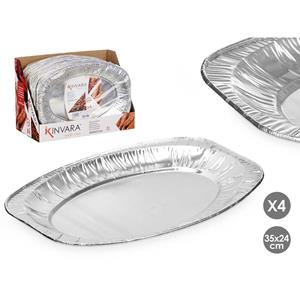 Aluminium BBQ/verjaardag/hapjes serveerschalen - zilver - 4x stuks - 35 x 24 cm - wegwerp -
