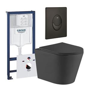 QeramiQ Dely Toiletset - Grohe inbouwreservoir - mat zwarte bedieningsplaat - ovaal toilet - zitting - mat zwart 0729205/SW1026253/SW656735/SW1000769