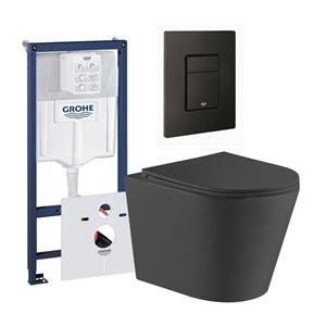 QeramiQ Dely Toiletset - Grohe inbouwreservoir - mat zwarte bedieningsplaat - rechthoek toilet - zitting - mat zwart 0729205/SW1026253/sw656727/SW1000769