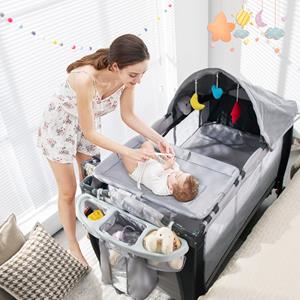 Costway 3 in 1 Opvouwbaar Babybedje Luiertafel Afneembaar en Verstelbaar net inclusief Muziekdoos Hangend Speelgoed en Draagtas Grijs