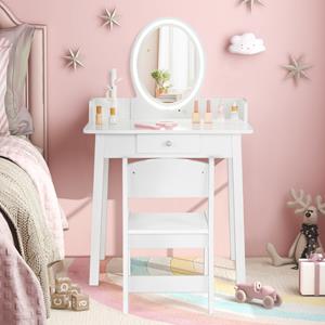 Costway Kinderkaptafelset met Verlichte Spiegel Make-Up Kaptafel met Stoel Tweekleurige LED-Verlichting Sieradenopberger Boomvormige Lade Wit