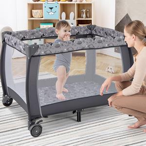 Costway 3-In-1 Reisbedje Draagbare Opvouwbare Box met Luifel en Muskietennet Muziekbox Geventileerde Zijwanden Matras en Draagtas