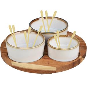 Excellent Houseware Serveerplank acacia hout D20 cm met 3x luxe keramiek schaaltjes incl. 50x cocktailprikkers -