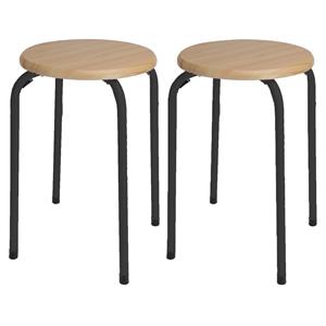 H&S Collection Bijzet krukje/zit krukje Maurits - 2x - metaal/hout - zwart - D37 x H45 cm -