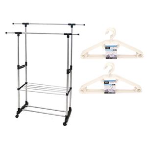 Merkloos Mobiel kledingrek dubbele stang 160 cm met 20x kledinghangers -