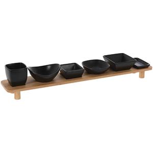 Excellent Houseware Serveerplank met 6 hapjes/saus/tapas schaaltjes hout 50 x 8 cm -