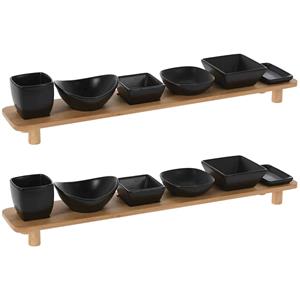 Excellent Houseware 2x stuks serveerplank met 12 hapjes/saus/tapas schaaltjes hout 50 x 8 cm -