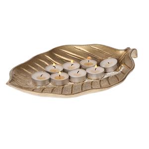DK Design Kaarsen onderbord/schaal Leaf - goud - hout - bladnerf - 29 x 18 x 3 cm - bladvorm -