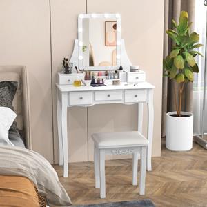 Costway Make-Uptafel met Verlichte Spiegel Kaptafel met Verlichting 3 Kleurstanden Instelbare Helderheid 5 Laden en Zacht Gestoffeerd Krukje Wit