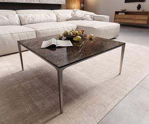 DELIFE Couchtisch Levente 85x85 cm Keramik LaminamEmperador Extra Lucidato Dunkelbraun Gestell Edelstahl Silber